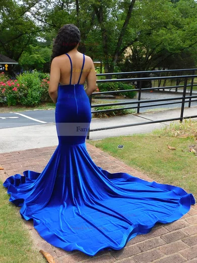 Trumpet/Mermaid V-neck Velvet Court Train Appliques Lace Prom Dresses #Favs020108849
