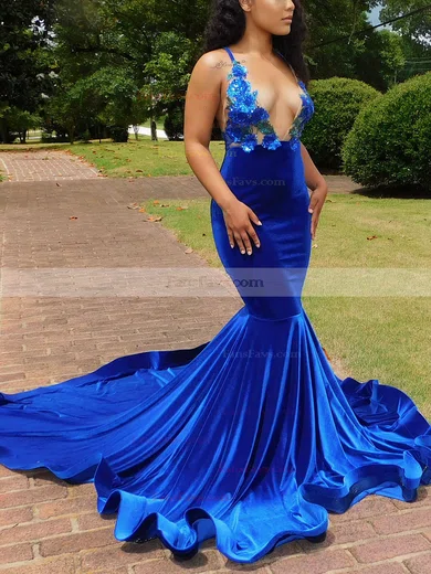Trumpet/Mermaid V-neck Velvet Court Train Appliques Lace Prom Dresses #Favs020108849