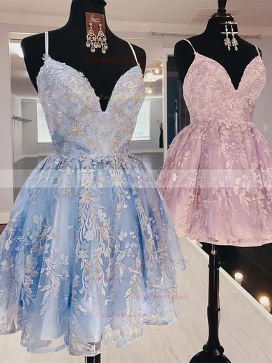 A-line V-neck Tulle Short/Mini Homecoming Dresses With Lace #Favs020110409