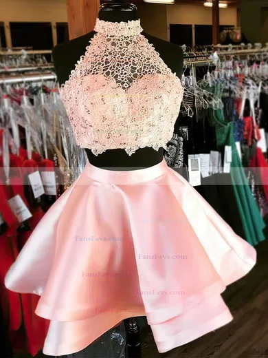 A-line High Neck Satin Short/Mini Homecoming Dresses With Lace #Favs020110412