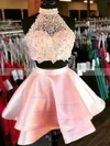 A-line High Neck Satin Short/Mini Homecoming Dresses With Lace #Favs020110412