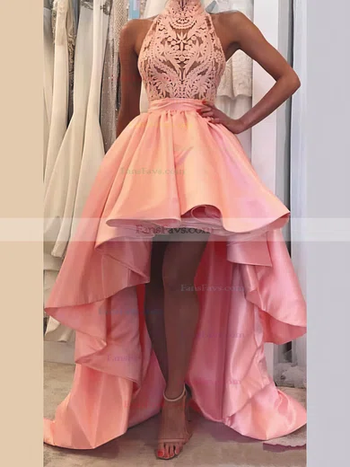A-line High Neck Satin Asymmetrical Homecoming Dresses With Lace #Favs020110418