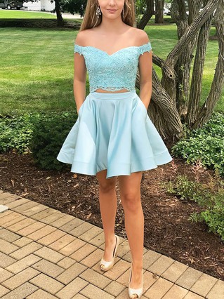 A-line Off-the-shoulder Satin Short/Mini Homecoming Dresses With Lace #Favs020110274 A-line Off-the-shoulder Satin Short/Mini Homecoming Dresses With Lace #Favs020110274