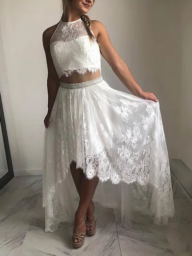 A-line Halter Lace Tulle Asymmetrical Homecoming Dresses With Beading #Favs020110548