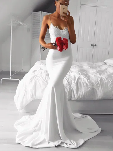 Trumpet/Mermaid V-neck Jersey Sweep Train Appliques Lace Prom Dresses #Favs020105496