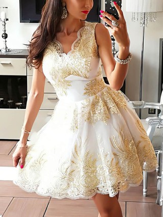A-line V-neck Lace Short/Mini Homecoming Dresses With Appliques Lace #Favs020110554 A-line V-neck Lace Short/Mini Homecoming Dresses With Appliques Lace #Favs020110554