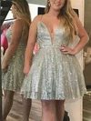 A-line V-neck Glitter Knee-length Homecoming Dresses With Beading #Favs020110516