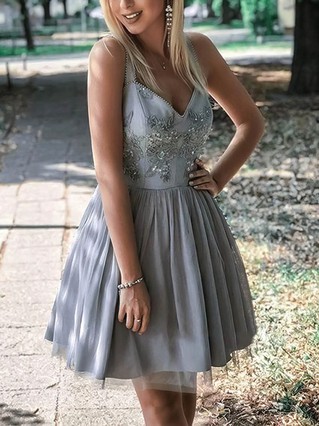 A-line V-neck Lace Tulle Short/Mini Homecoming Dresses With Appliques Lace #Favs020110517 A-line V-neck Lace Tulle Short/Mini Homecoming Dresses With Appliques Lace #Favs020110517