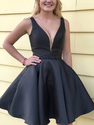 A-line V-neck Satin Short/Mini Homecoming Dresses With Beading #Favs020110524 A-line V-neck Satin Short/Mini Homecoming Dresses With Beading #Favs020110524
