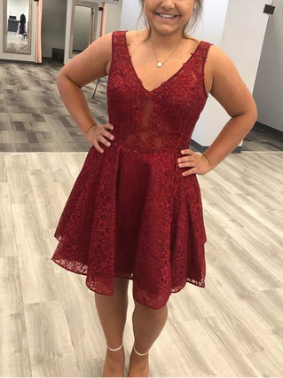 A-line V-neck Lace Tulle Short/Mini Homecoming Dresses With Appliques Lace #Favs020110529 A-line V-neck Lace Tulle Short/Mini Homecoming Dresses With Appliques Lace #Favs020110529