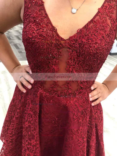 A-line V-neck Lace Tulle Short/Mini Homecoming Dresses With Appliques Lace #Favs020110529