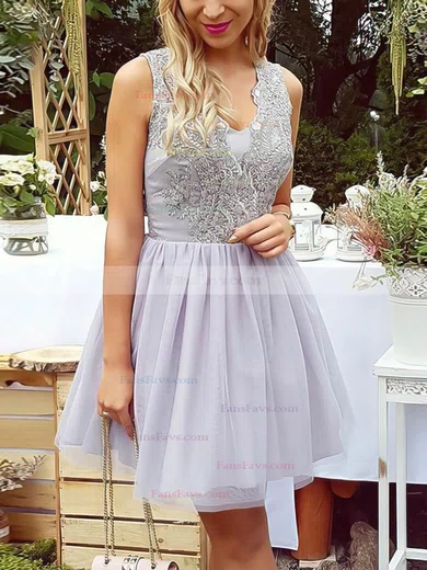 A-line V-neck Lace Tulle Short/Mini Homecoming Dresses With Appliques Lace #Favs020110530