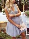 A-line V-neck Lace Tulle Short/Mini Homecoming Dresses With Appliques Lace #Favs020110530