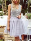 A-line V-neck Lace Tulle Short/Mini Homecoming Dresses With Appliques Lace #Favs020110530