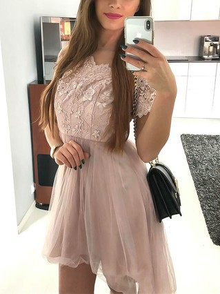 A-line V-neck Lace Tulle Asymmetrical Homecoming Dresses With Appliques Lace #Favs020110535