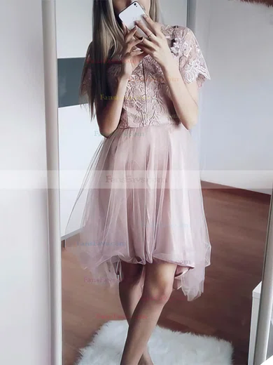 A-line V-neck Lace Tulle Asymmetrical Homecoming Dresses With Appliques Lace #Favs020110535