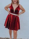 A-line V-neck Satin Short/Mini Homecoming Dresses With Beading #Favs020110331