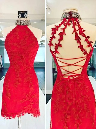 Sheath/Column High Neck Lace Tulle Short/Mini Homecoming Dresses With Beading #Favs020110336 Sheath/Column High Neck Lace Tulle Short/Mini Homecoming Dresses With Beading #Favs020110336