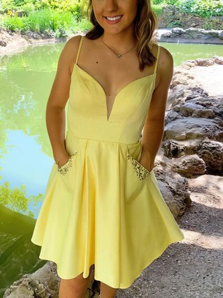 A-line V-neck Satin Short/Mini Homecoming Dresses With Pockets #Favs020110354 A-line V-neck Satin Short/Mini Homecoming Dresses With Pockets #Favs020110354