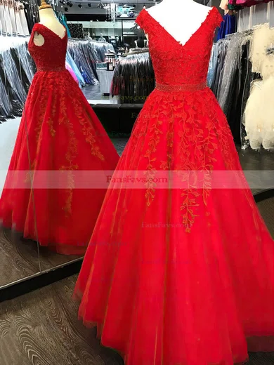 Princess V-neck Tulle Floor-length Beading Prom Dresses #Favs020105561