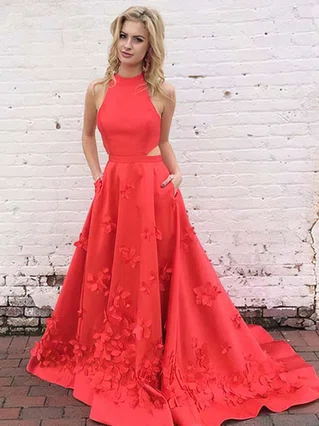 Princess High Neck Satin Sweep Train Appliques Lace Prom Dresses #Favs020105570