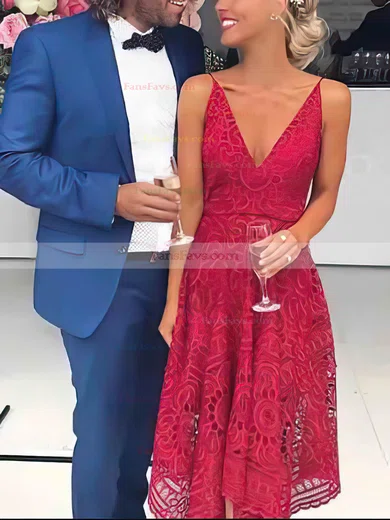 A-line V-neck Lace Tea-length Homecoming Dresses #Favs020110457