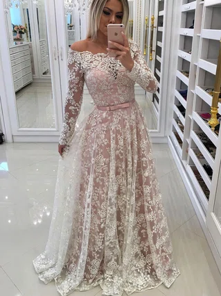 A-line Off-the-shoulder Lace Floor-length Appliques Lace Prom Dresses #Favs020105583 A-line Off-the-shoulder Lace Floor-length Appliques Lace Prom Dresses #Favs020105583