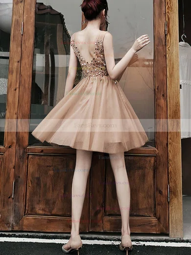 A-line V-neck Tulle Short/Mini Homecoming Dresses With Sequins #Favs020110461