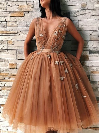 A-line V-neck Tulle Tea-length Homecoming Dresses With Appliques Lace #Favs020110464