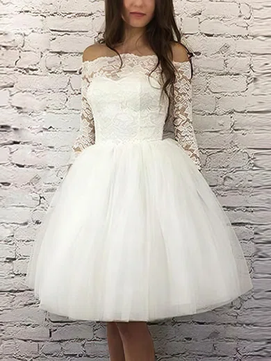 A-line Off-the-shoulder Lace Tulle Knee-length Homecoming Dresses With Appliques Lace #Favs020110465