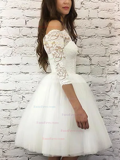 A-line Off-the-shoulder Lace Tulle Knee-length Homecoming Dresses With Appliques Lace #Favs020110465