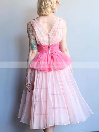 A-line V-neck Chiffon Tea-length Homecoming Dresses With Ruffles #Favs020110468