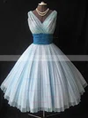 A-line V-neck Chiffon Tea-length Homecoming Dresses With Ruffles #Favs020110468