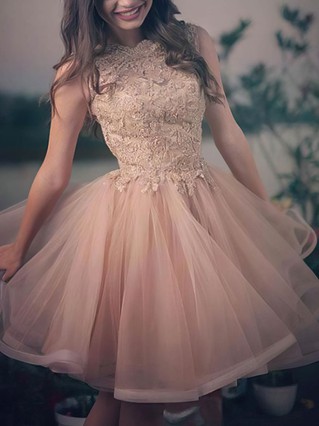A-line Scoop Neck Tulle Lace Knee-length Homecoming Dresses With Appliques Lace #Favs020110472 A-line Scoop Neck Tulle Lace Knee-length Homecoming Dresses With Appliques Lace #Favs020110472