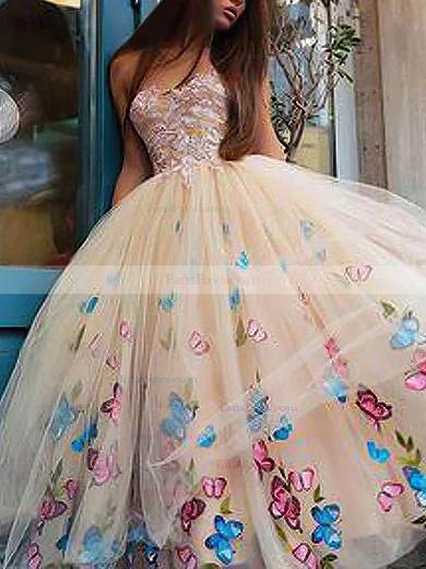 A-line Strapless Lace Tulle Tea-length Homecoming Dresses With Appliques Lace #Favs020110475