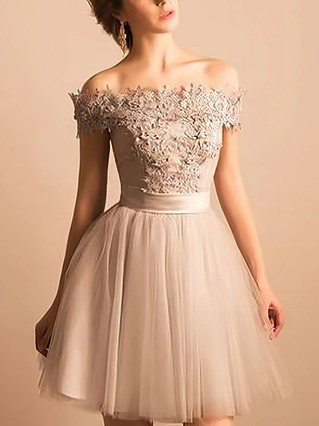 A-line Off-the-shoulder Lace Tulle Short/Mini Homecoming Dresses With Beading #Favs020110480 A-line Off-the-shoulder Lace Tulle Short/Mini Homecoming Dresses With Beading #Favs020110480