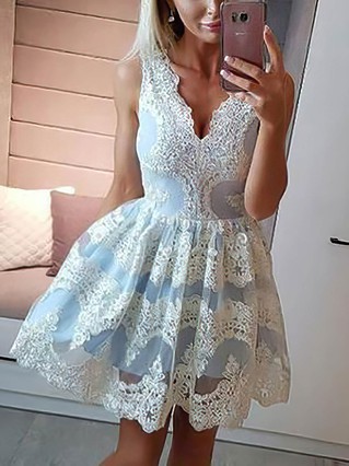 A-line V-neck Lace Tulle Short/Mini Homecoming Dresses With Appliques Lace #Favs020110481 A-line V-neck Lace Tulle Short/Mini Homecoming Dresses With Appliques Lace #Favs020110481