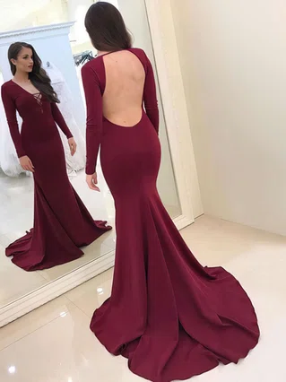 Trumpet/Mermaid V-neck Jersey Sweep Train Prom Dresses #Favs020105591 Trumpet/Mermaid V-neck Jersey Sweep Train Prom Dresses #Favs020105591