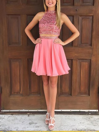 A-line High Neck Chiffon Short/Mini Homecoming Dresses With Appliques Lace #Favs020110495 A-line High Neck Chiffon Short/Mini Homecoming Dresses With Appliques Lace #Favs020110495