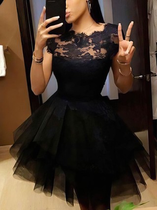 A-line Scoop Neck Lace Tulle Short/Mini Homecoming Dresses With Appliques Lace #Favs020110507 A-line Scoop Neck Lace Tulle Short/Mini Homecoming Dresses With Appliques Lace #Favs020110507