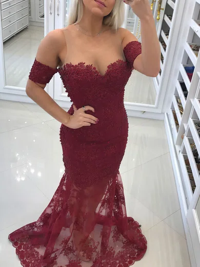 Trumpet/Mermaid Scoop Neck Lace Tulle Sweep Train Appliques Lace Prom Dresses #Favs020105635