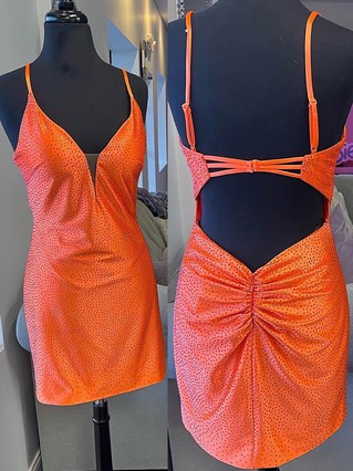 Sheath/Column V-neck Silk-like Satin Short/Mini Homecoming Dresses With Ruffles #Favs020109828 Sheath/Column V-neck Silk-like Satin Short/Mini Homecoming Dresses With Ruffles #Favs020109828