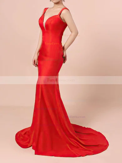 Trumpet/Mermaid V-neck Silk-like Satin Sweep Train Split Front Prom Dresses #Favs020104348