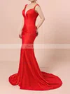 Trumpet/Mermaid V-neck Silk-like Satin Sweep Train Split Front Prom Dresses #Favs020104348