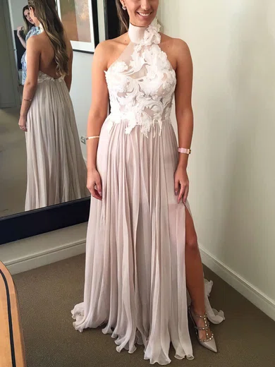 A-line Halter Chiffon Sweep Train Appliques Lace Prom Dresses #Favs020105652