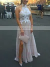 A-line Halter Chiffon Sweep Train Appliques Lace Prom Dresses #Favs020105652