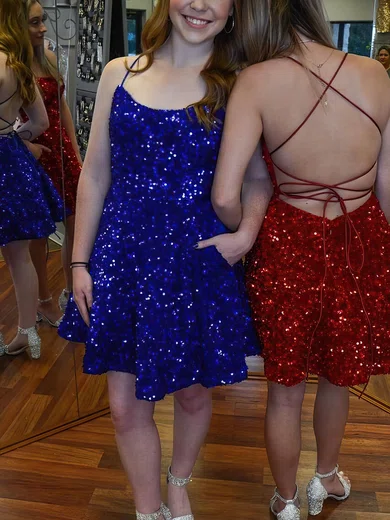 A-line Scoop Neck Sequined Short/Mini Homecoming Dresses With Pockets #Favs020109868