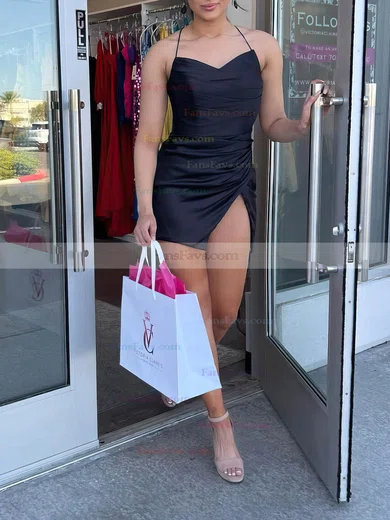 Sheath/Column V-neck Silk-like Satin Short/Mini Homecoming Dresses With Split Front #Favs020109907