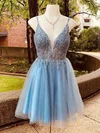 A-line V-neck Tulle Short/Mini Homecoming Dresses With Lace #Favs020109909