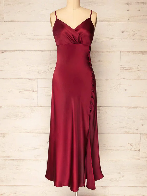 Sheath/Column V-neck Silk-like Satin Ankle-length Homecoming Dresses With Buttons #Favs020109920